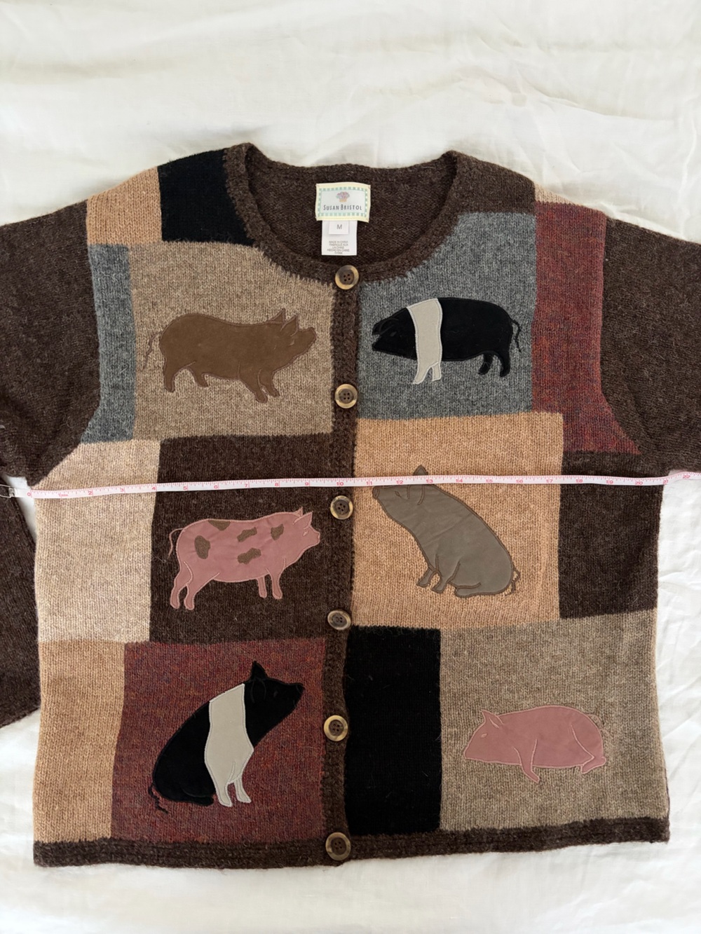 Vintage 90s Susan Bristol Fresh Farm Produce Cardigan Sweater Hand Knit Sz M pig - Picture 4 of 7